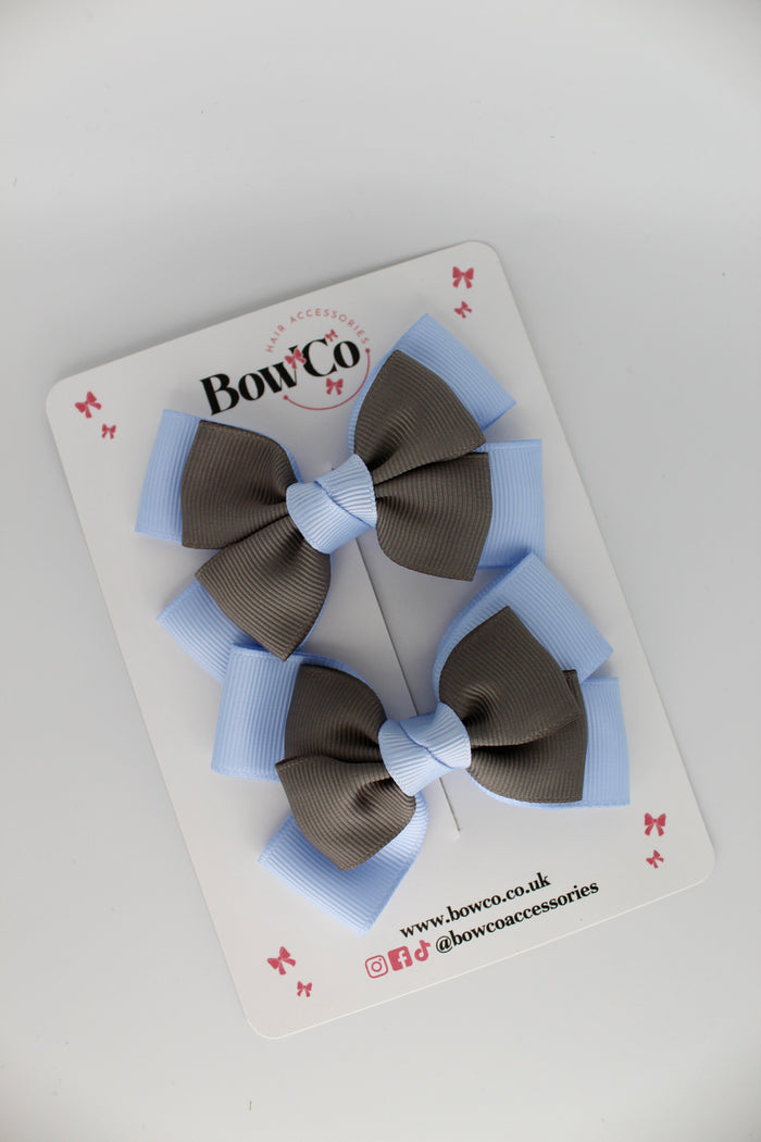 School Bow Bluebell and Grey - Layer Bow Set - Clip