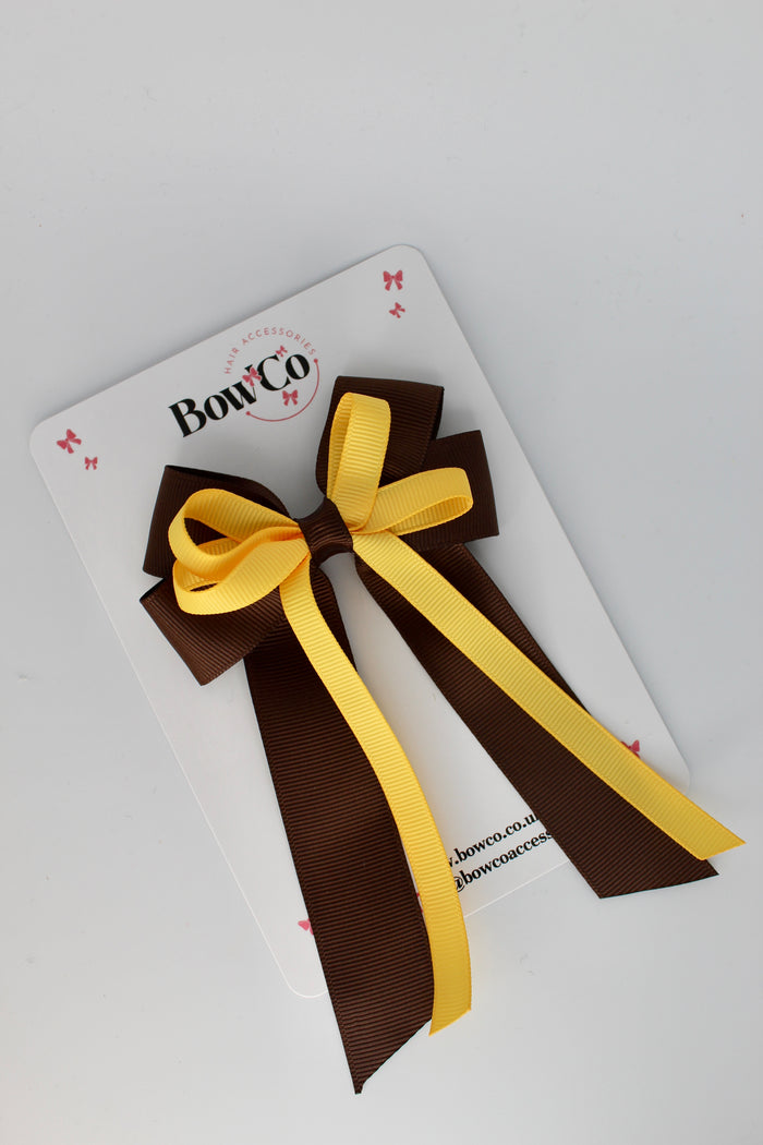 School Bow Brown and Yellow Gold - Loop Bow Tail Clip