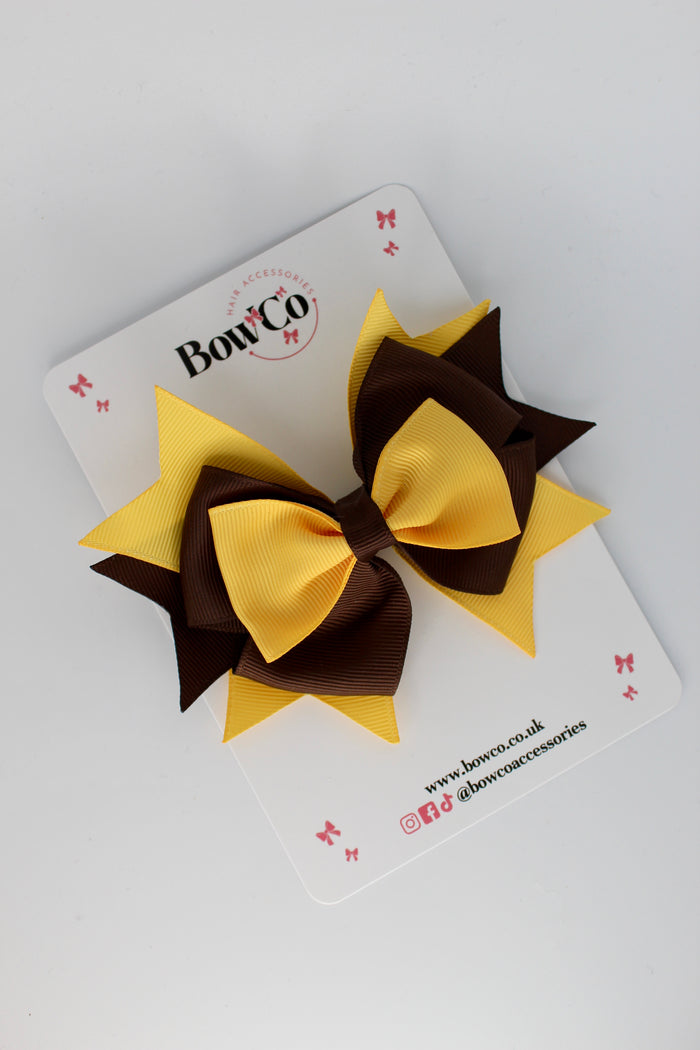 School Bow Brown and Yellow Gold Layer Bow - Clip