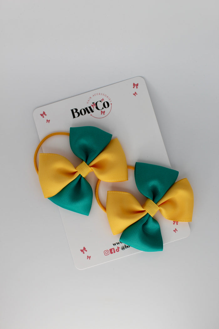 School Bows - Jade Green and Yellow Gold - Twist Bow Set - Elastic