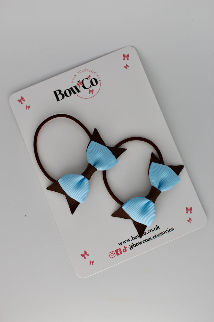 School Bows Blue Topaz and Brown - Layer Tail Bow Set - Elastic