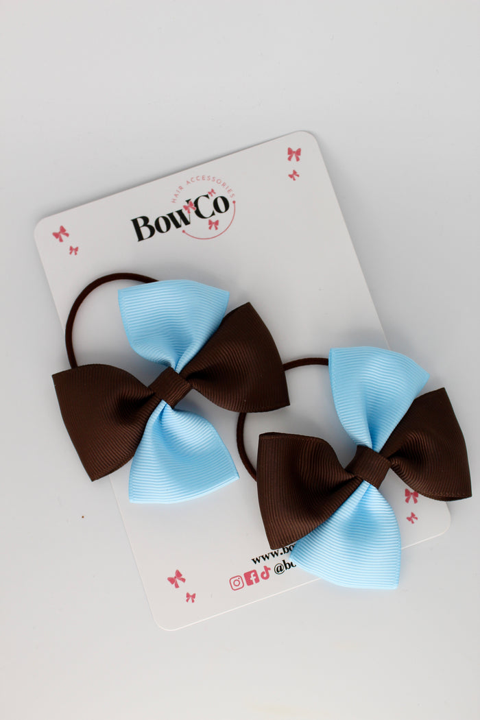 School Bows Blue Topaz and Brown - Twist Bow Set - Elastic