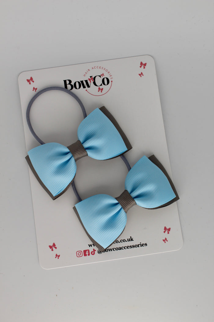 School Bows Blue Topaz and Metal Grey - Double Lapel Bow Set - Elastic