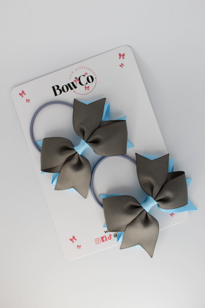 School Bows Blue Topaz and Metal Grey - Layer Tail Bow Set - Elastic