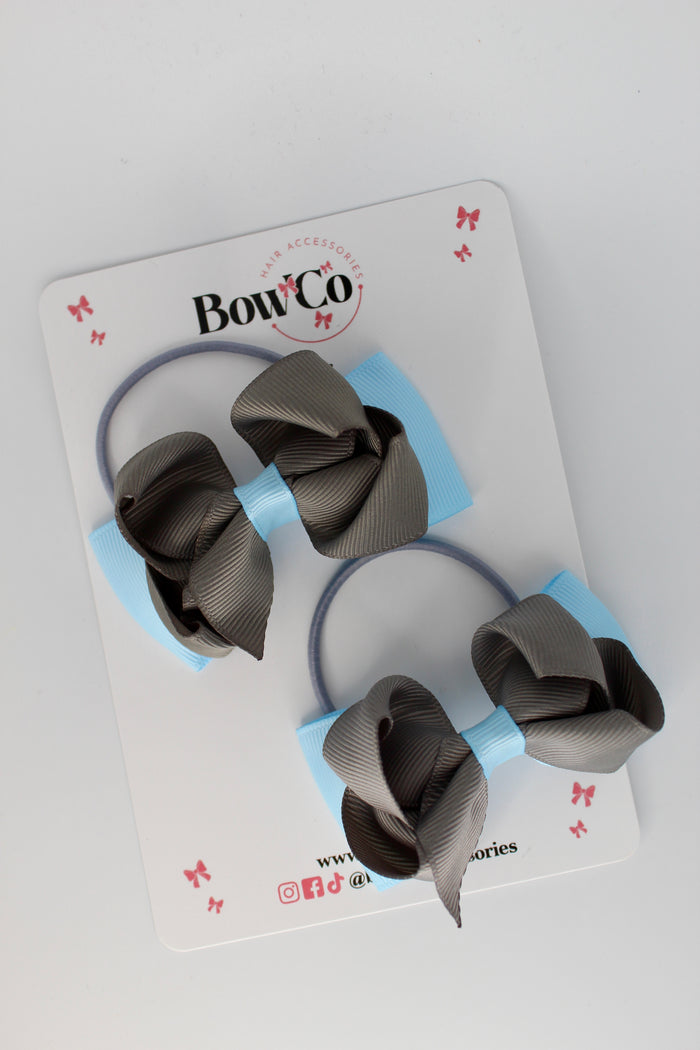 School Bows Blue Topaz and Metal Grey - Pleated Bow Set - Elastic