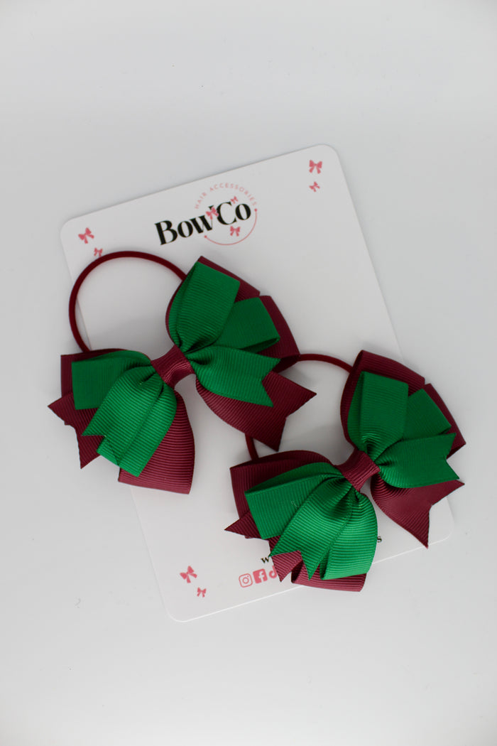 School Bows Forest Green and Burgundy - Double Tail Bow Set - Elastic