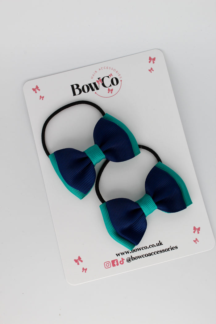 School Bows Jade Green and Navy Blue - Double Ribbon Bow Set - Elastic