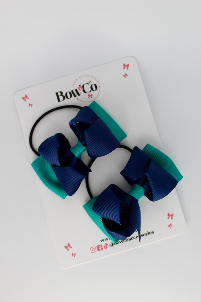 School Bows Jade Green and Navy Blue - Pleated Bow Set - Elastic