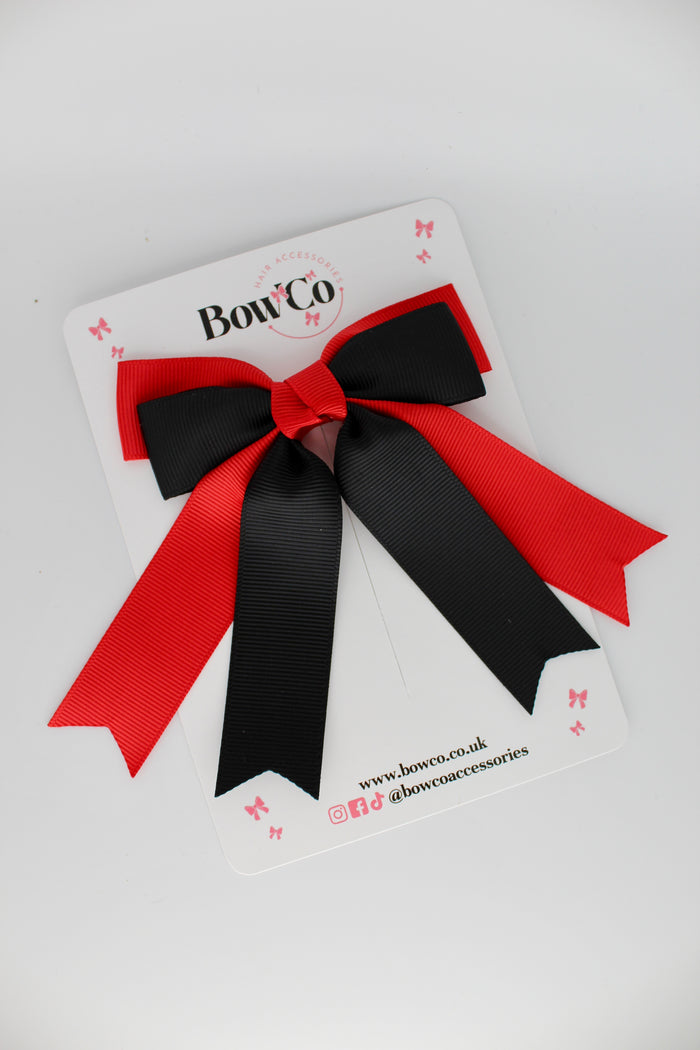 School Red and Black Double Ribbon Tail Bow – Clip