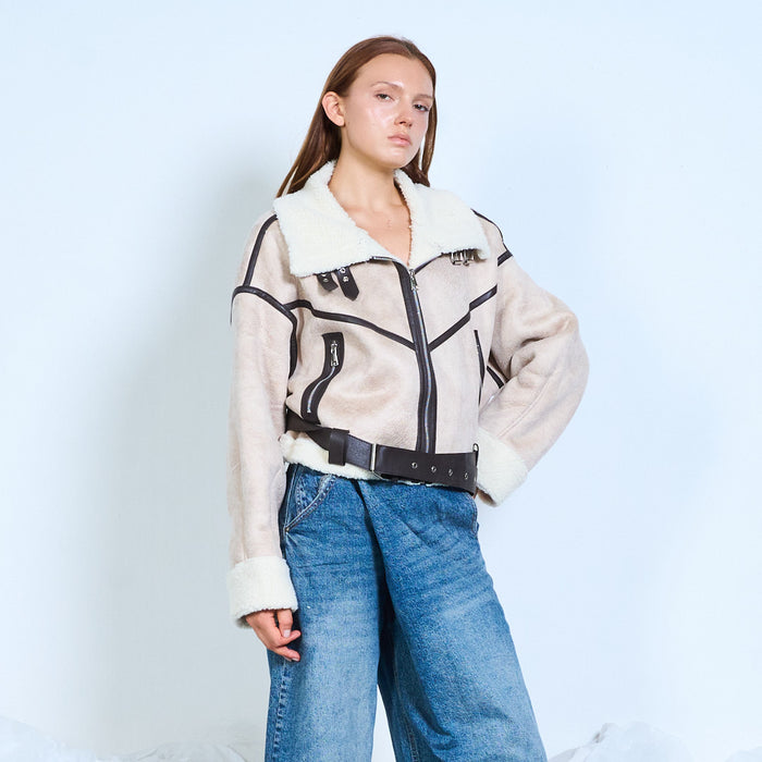 Shearling-trimmed faux-leather jacket with buckle belt wholesale