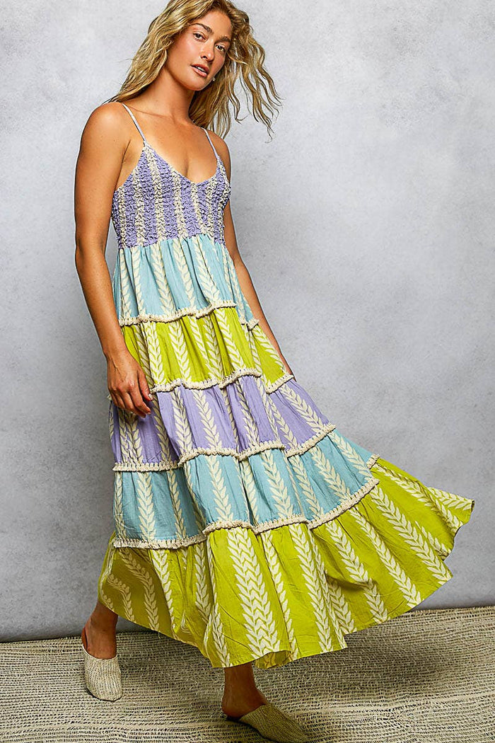 Shirred Ruffle Woven V-neck Sleeveless Dress: LAVENDER/BLUE MULTI