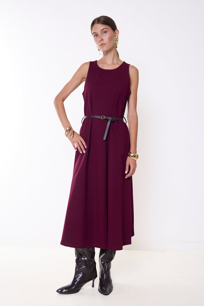 Sleeveless belted midi dress with flared skirt wholesale
