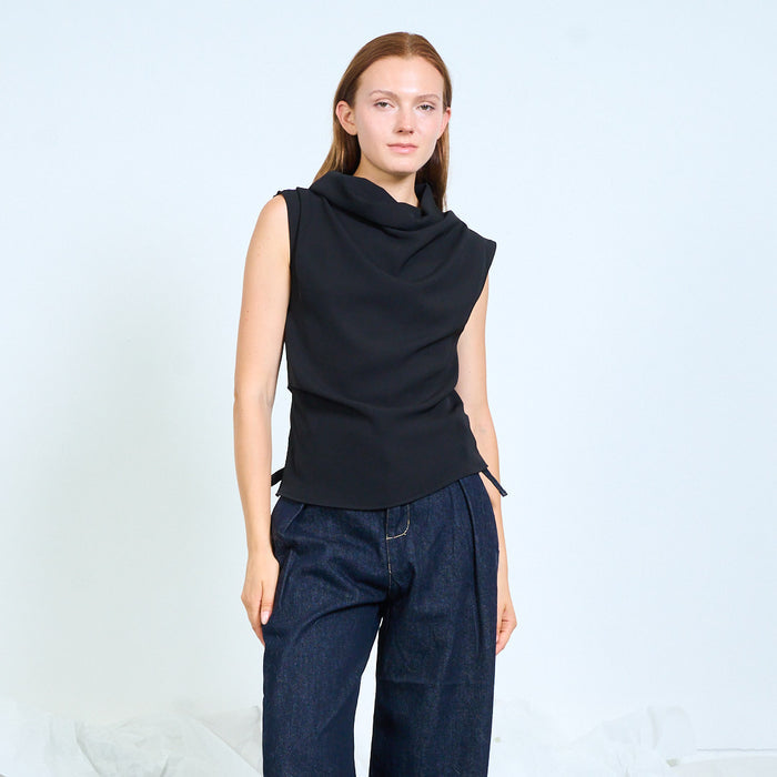 Sleeveless draped-neck top with structured shoulders wholesale