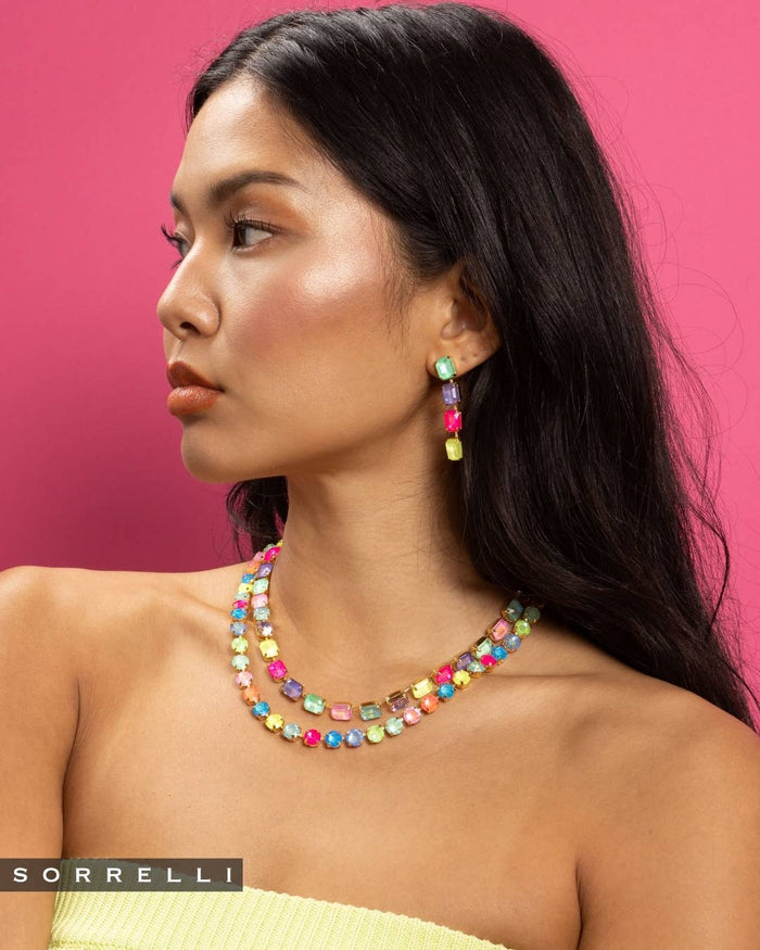 Sorrelli Marci Tennis Necklace in Candy Carnival with multicolored emerald-cut and round crystals in a bright gold-tone finish