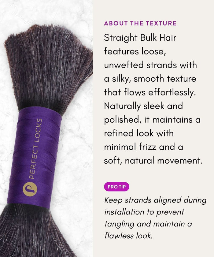 A bundle of Perfect Locks Straight Bulk Hair for Braiding, silky Remy human hair in dark brown, tied with a purple band on white marble. Maintenance tips for smoothness included.