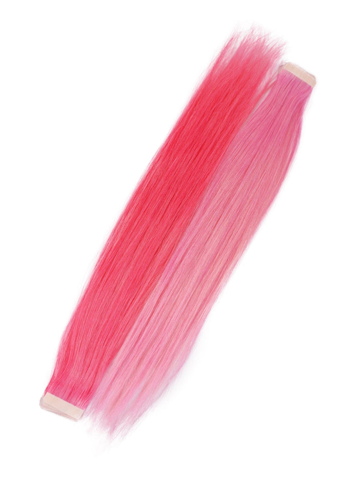 Two straight synthetic hair extension strips, vibrant and pastel pink, each with a tape adhesive for easy attachment and instant color.
