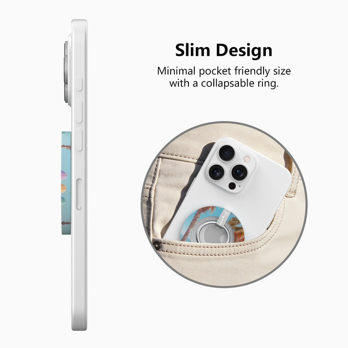 Sweet Summer MagSafe phone grip ring featuring surfboards leaning against palm trees on a tropical beach with ocean waves and a blue sky