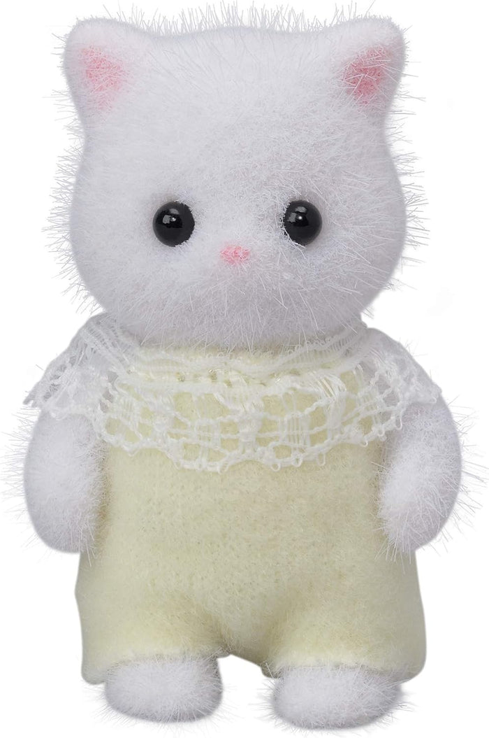 Sylvanian Families Persian Cat Baby, detail showing soft flocking and accessory