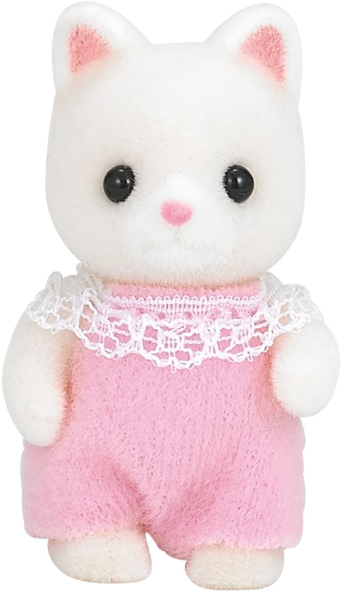Sylvanian Families Silk Cat Baby, close detail of figure showing accessories and flocked finish