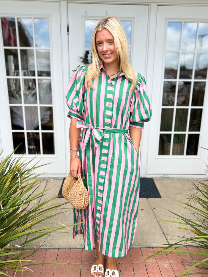 green and pink stripe dress with tie waist