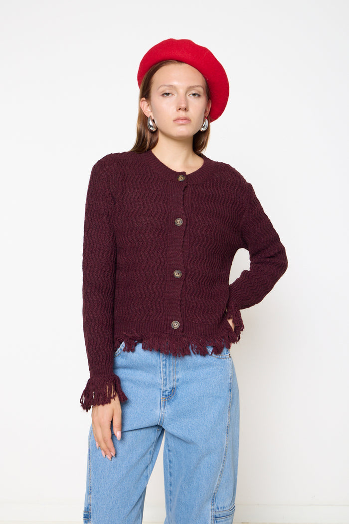 Wavy textured fringe-trim knit cardigan wholesale