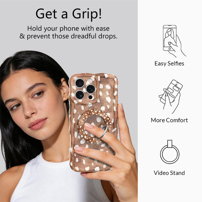 Whiskey Fawn pattern MagSafe phone grip ring with watercolor brown base and creamy white deer spots compatible with iPhone and Samsung