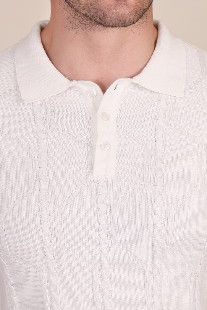 White Cable Half Sleeve Knit Polo by ITALIAN VEGA®