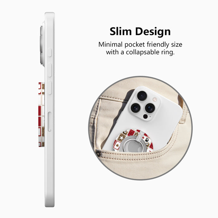 Wild Cherry collage pattern MagSafe phone grip ring with leopard print cherries, 8-balls, and playing cards on a red and white background