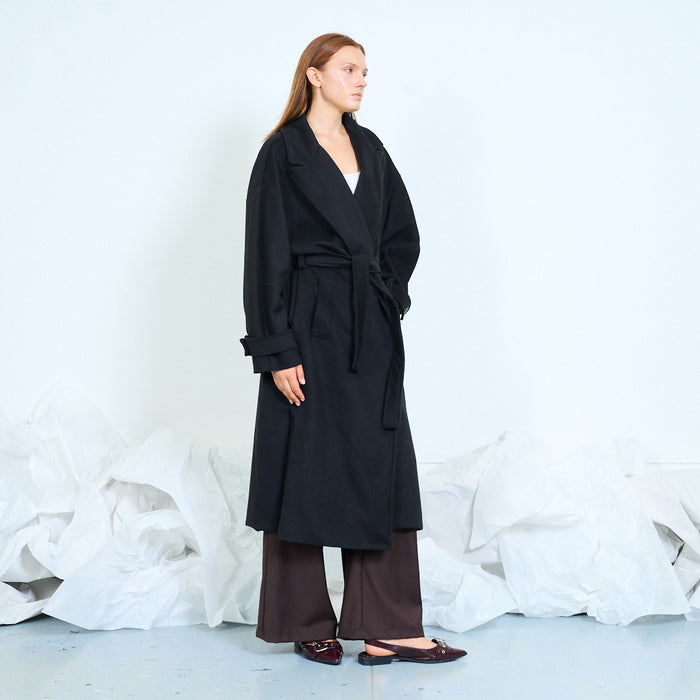 Wrap-front coat with tie waist and wide lapels wholesale