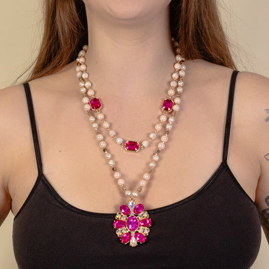1224 - Beaded Layered Necklace - Fuchsia