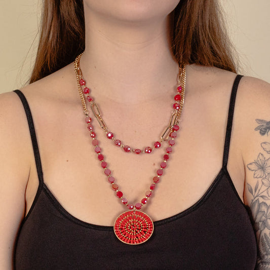 1227 - Beaded Layered Necklace - Red