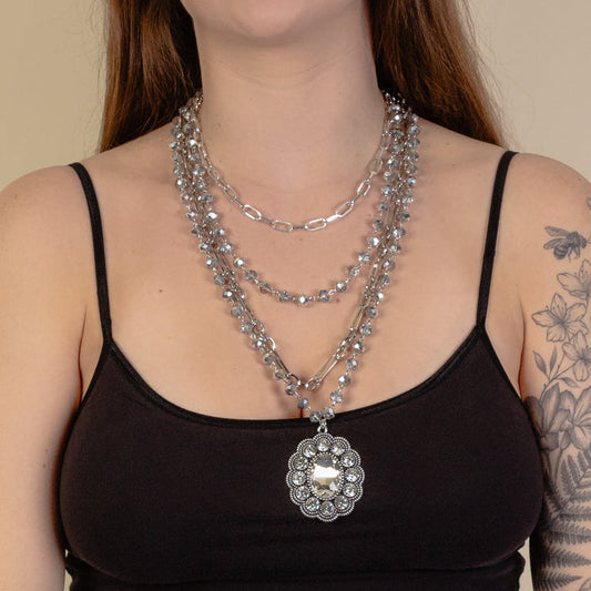 1229 - Beaded Layered Necklace - Silver