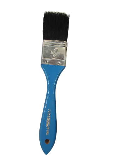 A flat, wooden paint brush with a blue handle and natural bristles.