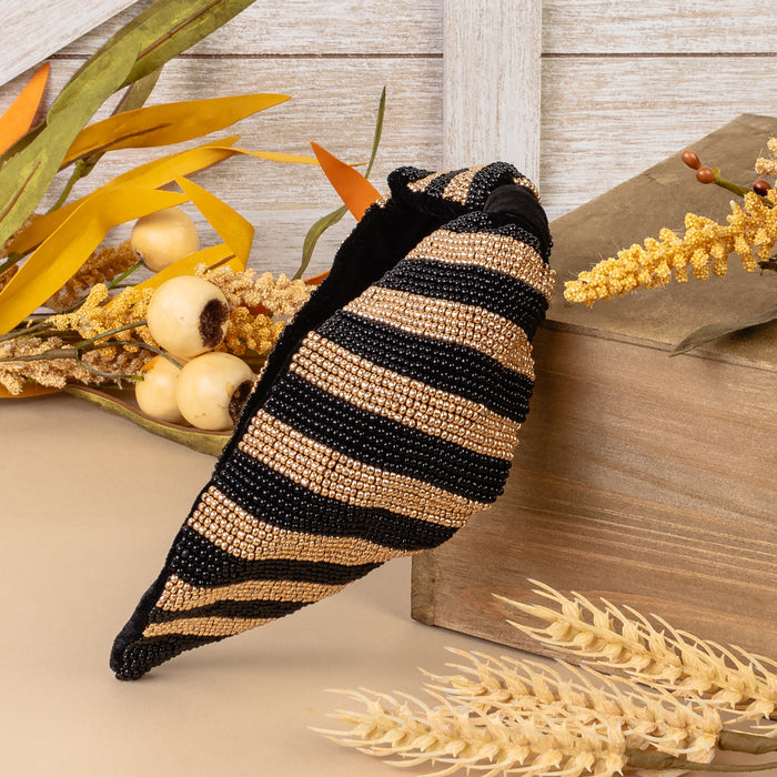 1581 - Beaded Striped Headband - Black