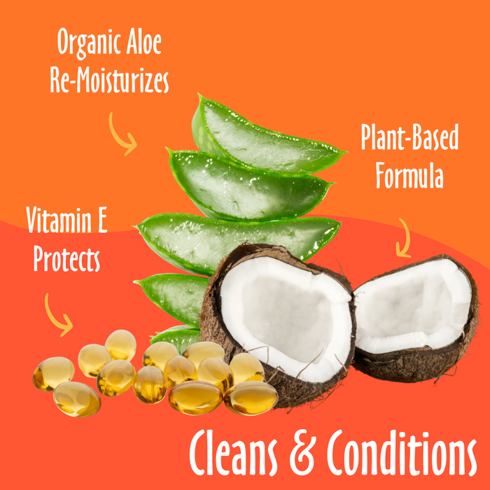 Cleans & Conditions elements like Organic Aloe, Plant-Based, Vitamin E and their benefits.