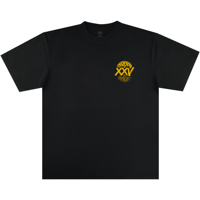 Introducing the Other 25 Years Tee: a black short-sleeve T-shirt featuring a small yellow graphic on the left chest. The design showcases stylized laurels and the Roman numerals “XXV,” radiating with a sunburst motif to celebrate Oaklandish’s 25th Anniversary. The rest of the shirt is plain, embodying community culture at its core.