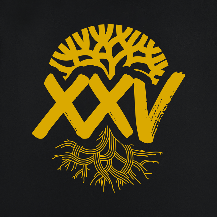The 25 Years Tee by Other features a yellow graphic on black, showcasing stylized tree branches above the roman numerals “XXV” and mirrored roots below. The branches and roots reflect each other, symbolizing connection, growth, and 25 years of community culture—a tribute to Oakland’s enduring spirit. Apart from “XXV,” no additional text is present.
