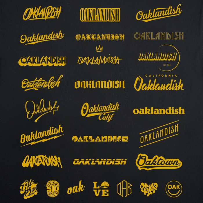 A grid of 30 “Oaklandish” logo designs in varied yellow fonts and styles appears on a black background, featuring handwritten, block, gothic, and graphic interpretations that highlight iconic Oakland T-shirt motifs alongside symbols such as crowns, trees, and cityscape graphics. This vibrant visual tribute celebrates community culture and commemorates the 25th anniversary with the 25 Years Tee from Other.