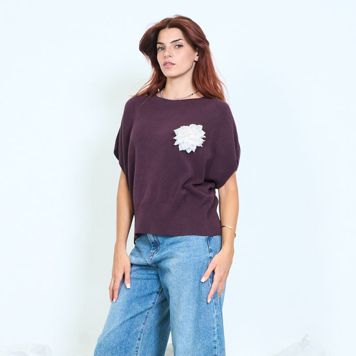 3D flower appliqué batwing knit top wholesale