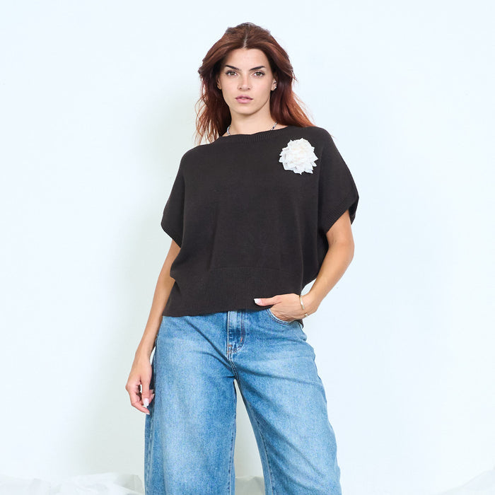 3D flower appliqué batwing knit top wholesale