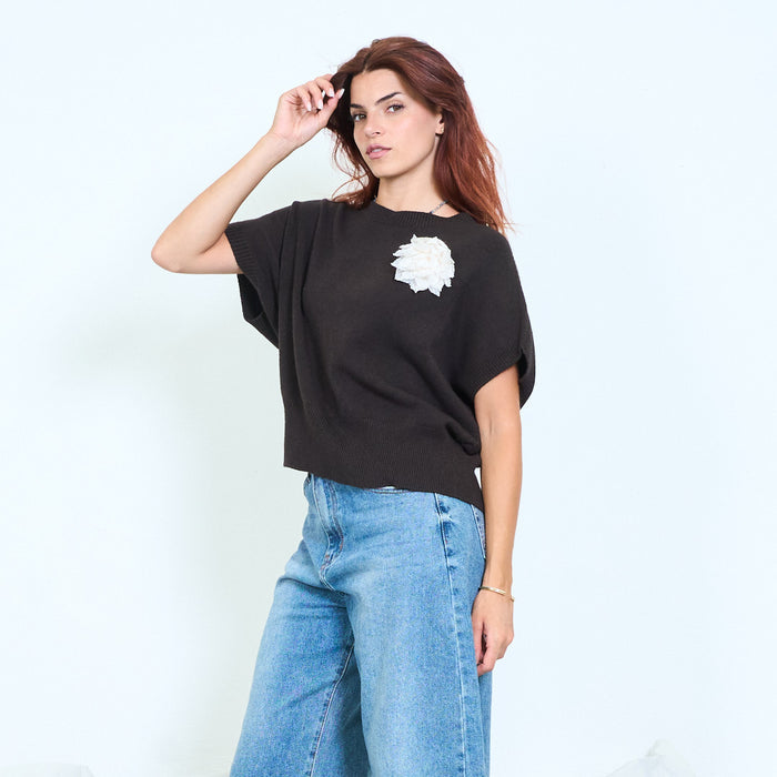 3D flower appliqué batwing knit top wholesale