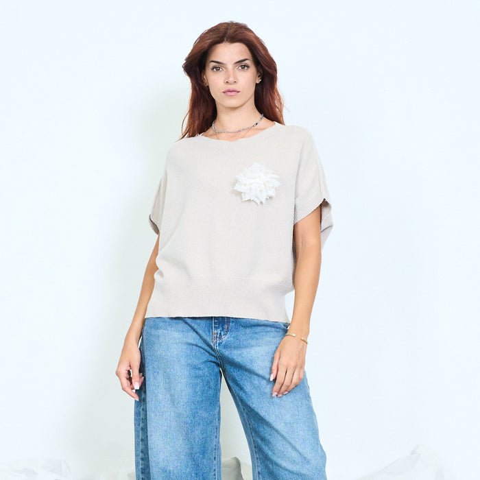 3D flower appliqué batwing knit top wholesale