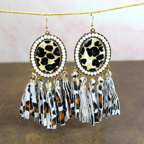 734001 - Animal Hide Tassel Earrings - Ivory & Leopard