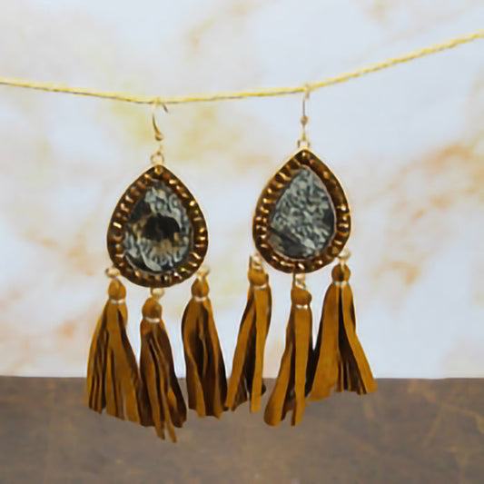 73999 - Animal Hide Tassel Earrings - Brown