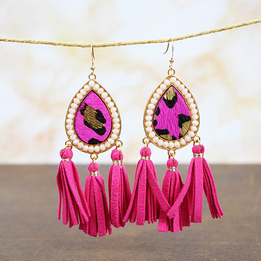 73999 - Animal Hide Tassel Earrings - Fuchsia