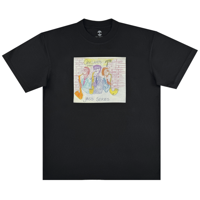 The 7th St. Players Tee by Other is a black classic t-shirt featuring a hand-drawn style illustration of three musicians playing saxophones in front of a brick wall on 7th Street. The design includes “Oakland’s” above the group and “Jass Series” below, with soft colors and a relaxed, sketchy feel that reflects the genuine spirit of Oakland jazz.