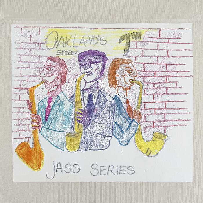 A vibrant sketch-style illustration featured on the Other brand’s 7th St. Players Tee depicts three expressive men in suits playing saxophones before a brick wall adorned with the words “Oakland’s 7th Street” and “Jass Series,” celebrating Oakland’s lively jazz scene.