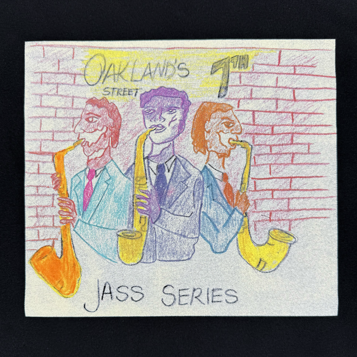 Three musicians in suits play saxophones before a red brick wall labeled “Oakland’s 7th Street,” capturing the vibrant spirit of Oakland jazz. The words “JASS SERIES” appear beneath them. Rendered in crayon or colored pencil, the image highlights yellow saxophones, lively suit colors, and one musician showcasing the modern 7th St. Players Tee by Other for a stylish touch.