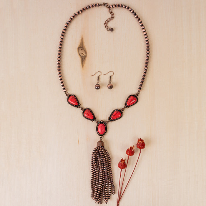 92055 - Squash Blossom Tassel Necklace - Red & Copper