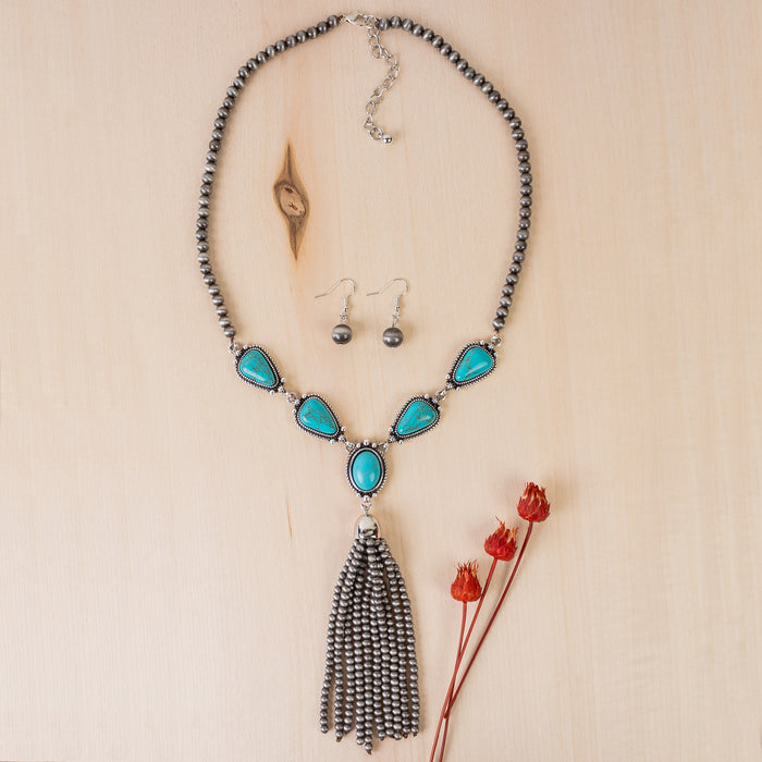 92055 - Squash Blossom Tassel Necklace - Turquoise & Silver